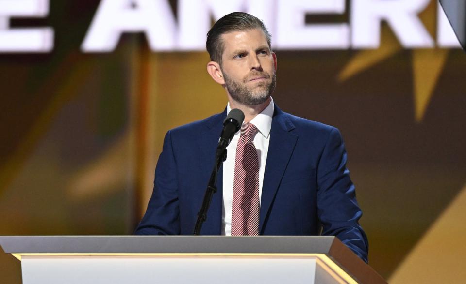 Eric Trump, son of former President Donald Trump, speaks on stage on the fourth day of the Republican National Convention (AFP via Getty Images)