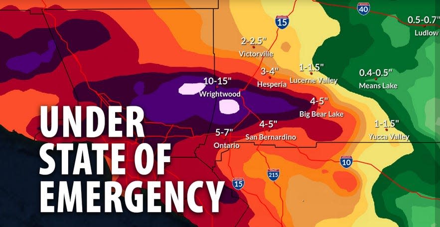 San Bernardino County officials late Sunday declared a state of emergency in anticipation of extreme rain and snow expected that night through Wednesday.