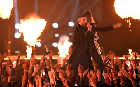 Maroon 5 lead singer Adam Levine performs during the halftime show of Super Bowl  - Credit: USA Today