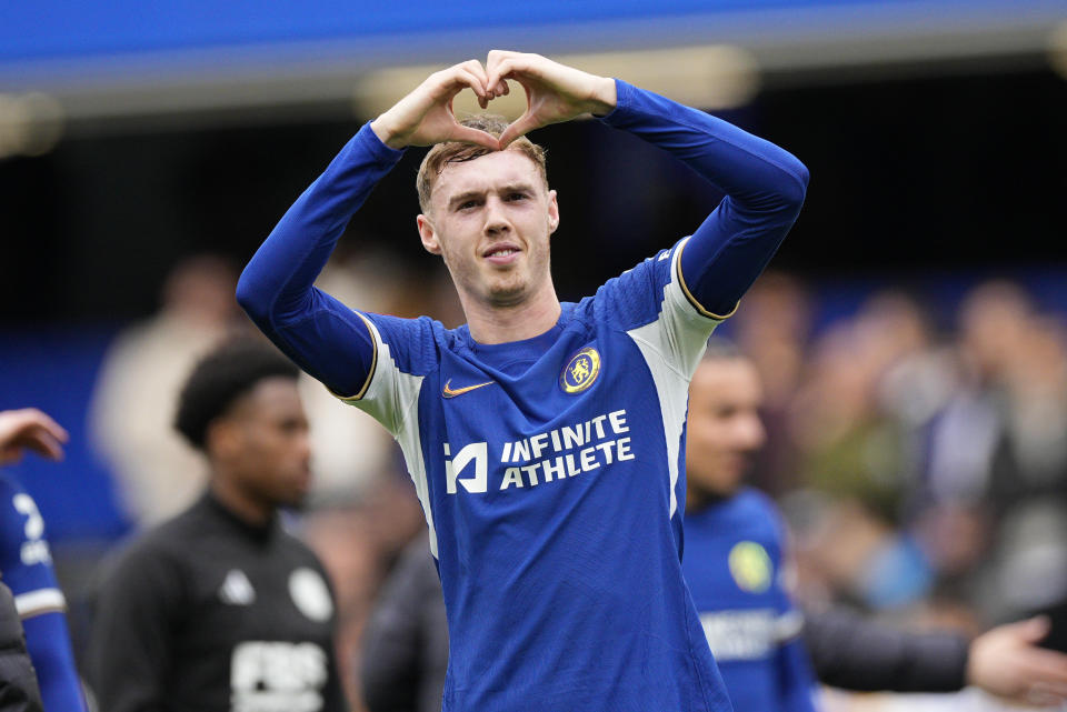 Chelsea's Cole Palmer reacts after the FA Cup quarterfinal soccer match between Chelsea and Leicester City at Stamford Bridge in London, Sunday, March 17, 2024. Chelsea won the match 4-2. (AP Photo/Dave Shopland)