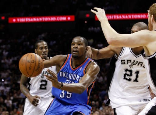 Oklahoma City Thunder's Kevin Durant (L) during Western Conference final game against the San Antonio Spurs on May 27. Durant led Oklahoma City with 27 points and Russell Westbrook added 17