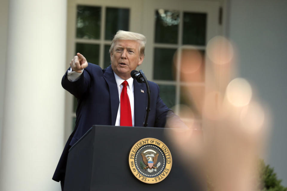 US President Donald Trump speaks during a news conference in the Rose Garden of the White House in Washington, D.C.