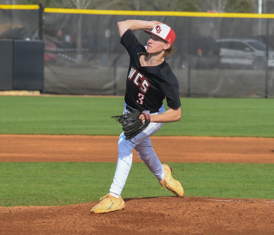 Westbrook Christian pitcher Hugh Windle fires a pitch during a high school baseball game Tuesday, March 29, 2022 at Choccolocco Park in Oxford, Alabama. Ehsan Kassim/Gadsden Times