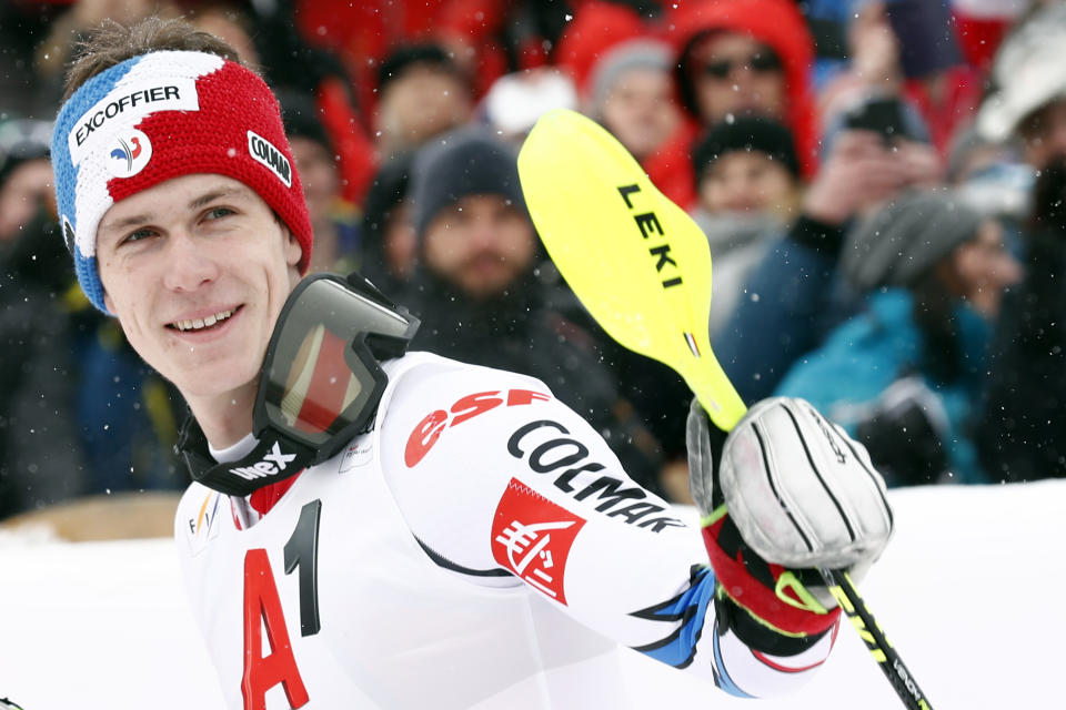 France's Clement Noel celebrates at the finish area during the second run of an alpine ski, men's World Cup slalom, in Kitzbuehel, Austria, Saturday Jan. 26, 2019. (AP Photo/Alessandro Trovati)