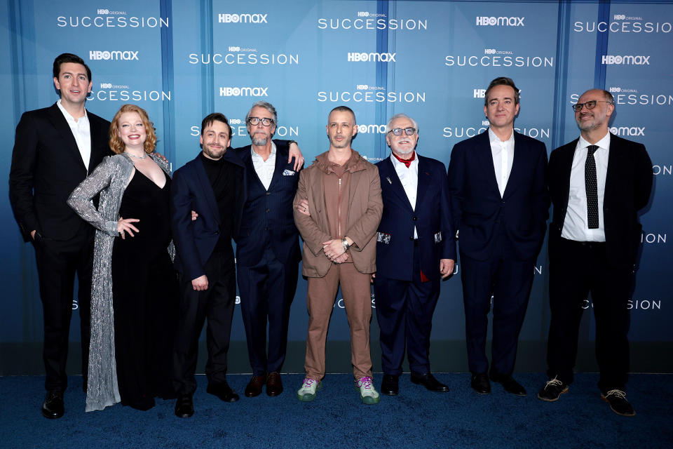 (L-R) Nicholas Braun, Sarah Snook, Kieran Culkin, Alan Ruck, Jeremy Strong, Brian Cox, Matthew Macfadyen, and Jesse Armstrong at HBO’s ‘Succession’ Season 4 premiere in New York