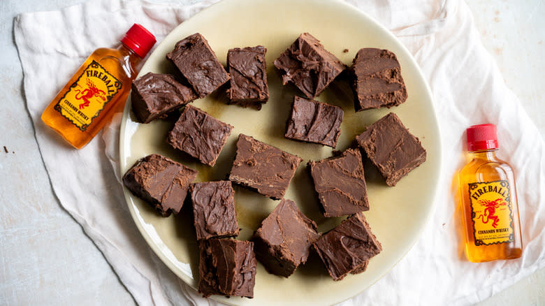 chocolate fireball whisky fudge squares on plate