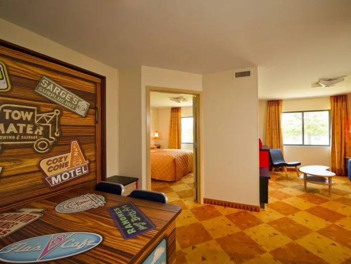 interior shot of a cars themed suite at art of animation resort in disney world