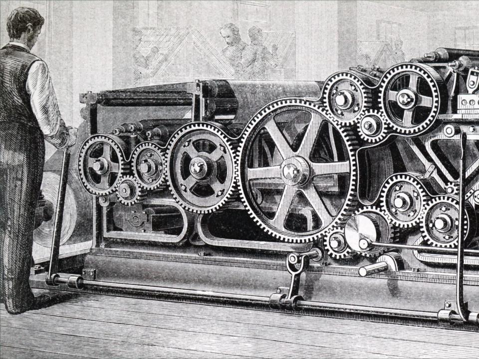 An illustration of a man holding a lever next to a large rotary printing press with several exposed cogs.