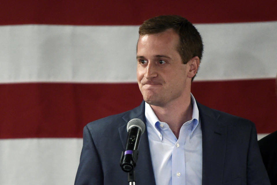 Democrat Dan McCready reacts after losing a special election for United States Congress in North Carolina's 9th Congressional District to Republican, Dan Bishop, Tuesday, Sept. 10, 2019, in Charlotte, N.C. (AP Photo/Kathy Kmonicek)