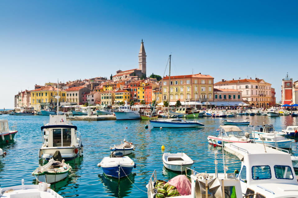 Boats in a harbor in Rovinj, Croatia.