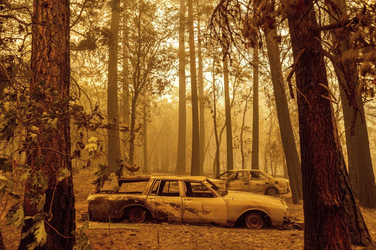 Following the Dixie Fire, scorched cars are seen in a clearing in the Indian Falls community of Plumas County, Calif. on Sunday, July 25, 2021.