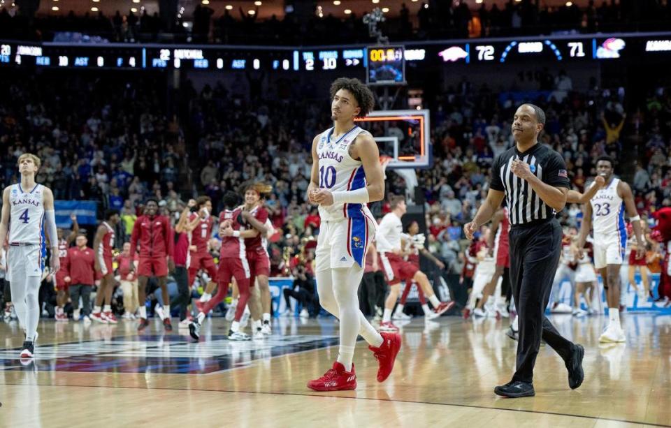 Kansas forward Jalen Wilson (10) walks off the court after losing 72-71 to Arkansas in a second-round college basketball game in the NCAA Tournament Saturday, March 18, 2023, in Des Moines, Iowa.