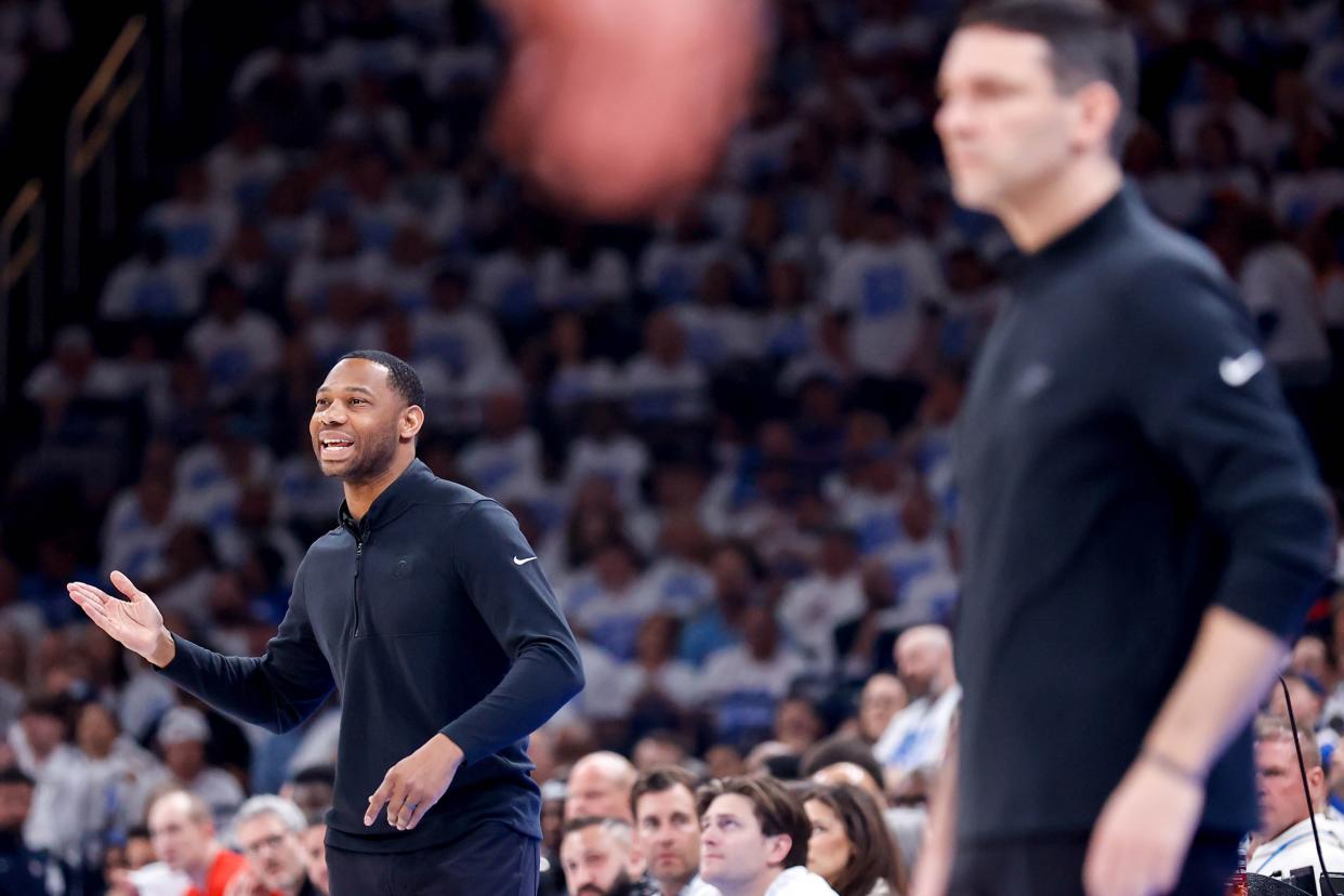 New Orleans head coach Willie Green in the first quarter during game one of the NBA playoffs between the Oklahoma City Thunder and the New Orleans Pelicans at the Paycom Center in Oklahoma City, on Sunday, April 21, 2024.