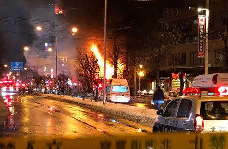 A view of a site of an explosion at a bar in Sapporo, Japan, December 16, 2018 in this still image taken from a video obtained from social media. TWITTER/ @KEIBAPANDRA/via REUTERS