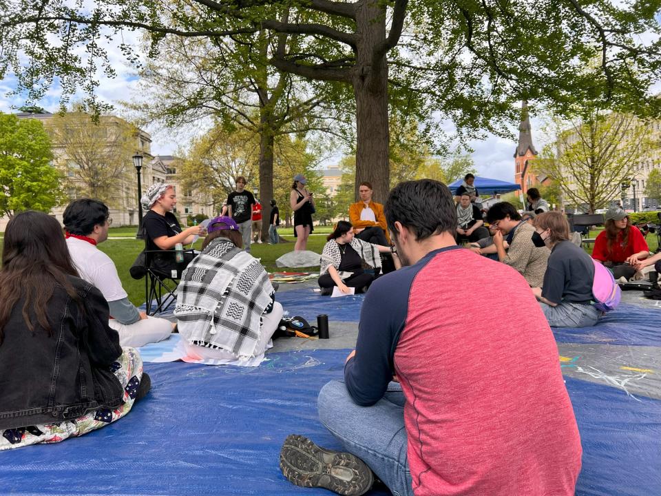 The large group broke off to talk about boycotts, divestment and sanctions before coming back together to talk about the University of Iowa's ties to Collins Aerospace, Lockheed Martin, Bar-Ilan University, and how these resources contribute to university programming