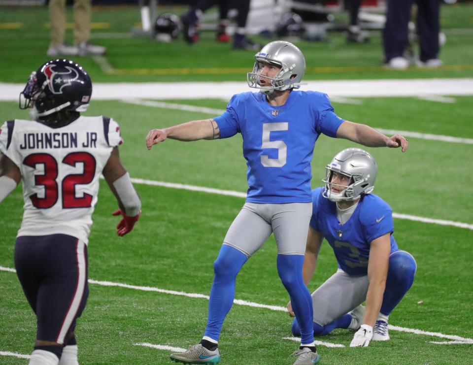 Lions kicker Matt Prater kicks a field goal against the Houston Texans during the second half of the Lions' 41-25 loss at Ford Field Thursday, Nov. 26, 2020.