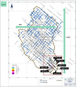 Plan View of Infill Drilling Results, Planned Holes and MOD PEA Pit Shell