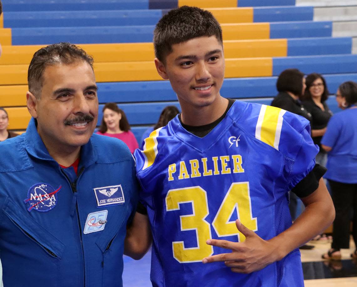Astronaut José M. Hernández told Parlier High School students to go for their dreams, but to make sure they prepare for it during an Aug. 24, 2023 talk. Sophomore Francisco Moreno wants to be an NFL receiver.