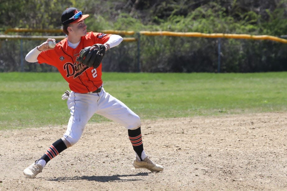 Diman’s Christian Connell throws to first base during a recent game against Westport.