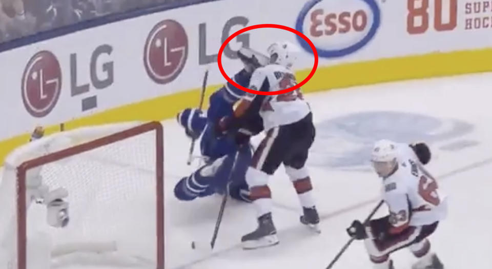 A battle between Toronto's Auston Matthews and Ottawa's Erik Brannstrom resulted in the skate of the Leafs superstar in the face of the Senators defender. (Twitter//@TheFlintor)