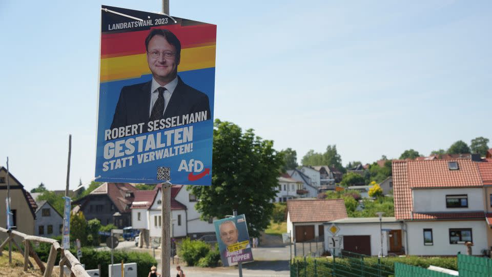 An election campaign poster shows the AfD's Robert Sesselmann, who won a district election in Sonneberg in the eastern German state of Thuringia.  - Max Schwarz/Reuters