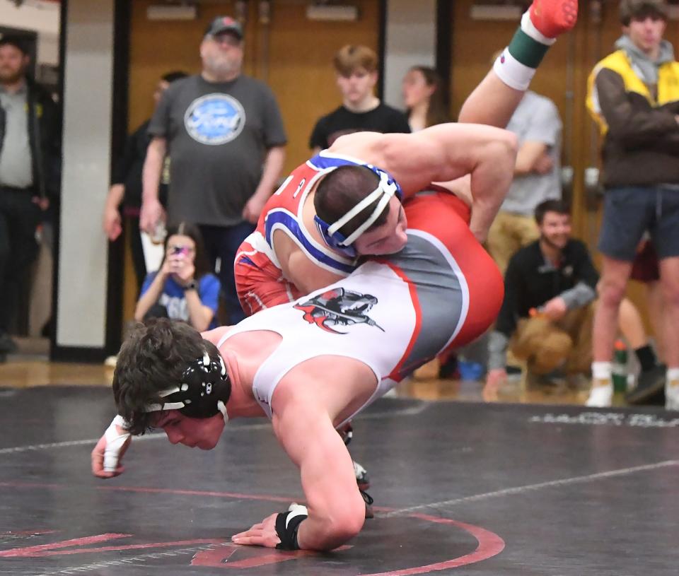 At 160 pounds, Fort LeBoeuf High School's Jojo Przybycien, top, defeated General McLane's Hudson Spires 5-0 to win the District 10 Class 2A Section 1 title at Meadville Area Senior High School in Meadville on Saturday.