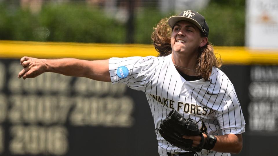 Wake Forest pitcher Rhett Lowder (4) throws a pitch during the second inning of an NCAA college baseball tournament super regional game against Alabama on Saturday, June 10, 2023, in Winston-Salem, N.C.