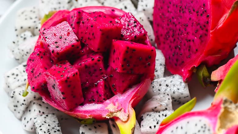 Red and white dragon fruits