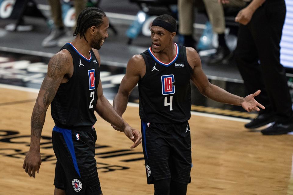 The main reason the Clippers gave up so much to land Rajon Rondo (4) is because of his reputation for holding stars like Kawhi Leonard accountable.