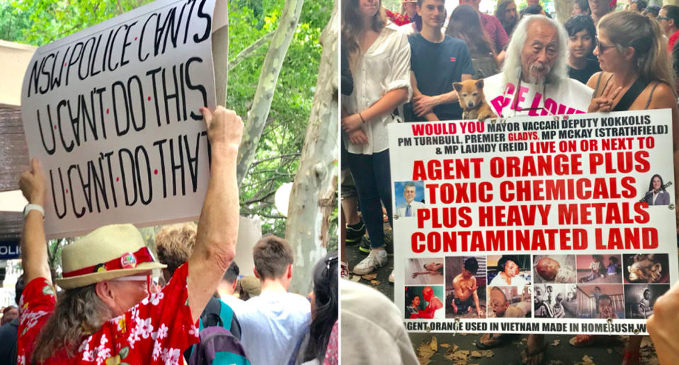 Protestors outside Sydney Area Command on Sunday. Mr Lim (right) also attended. Source: Twitter/ Valley Heights