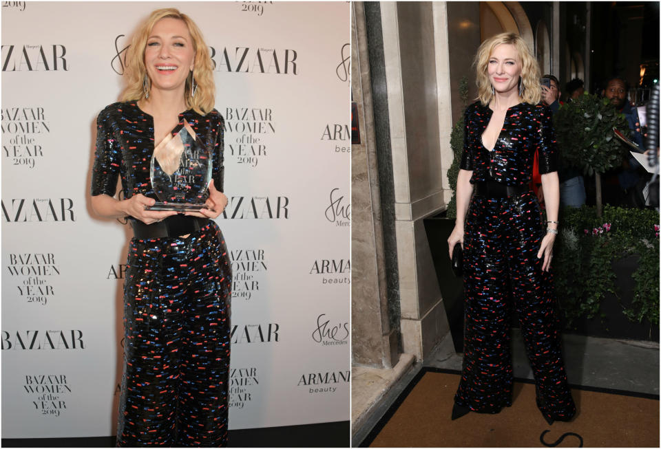 Con un glamuroso mono de Armani Privé, así se vistió Cate Blanchett para recibir el Philanthropy Award de la revista Harper's Bazaar. (Foto: David M. Benett / Mike Marsland / Getty Images)