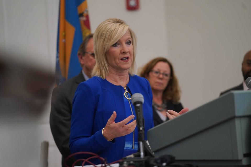 Lt. Gov. Bethany Hall-Long speaks at a press conference where the Pew Charitable Trusts gave a recommendation to the state's Behavioral Health Consortium in 2019.