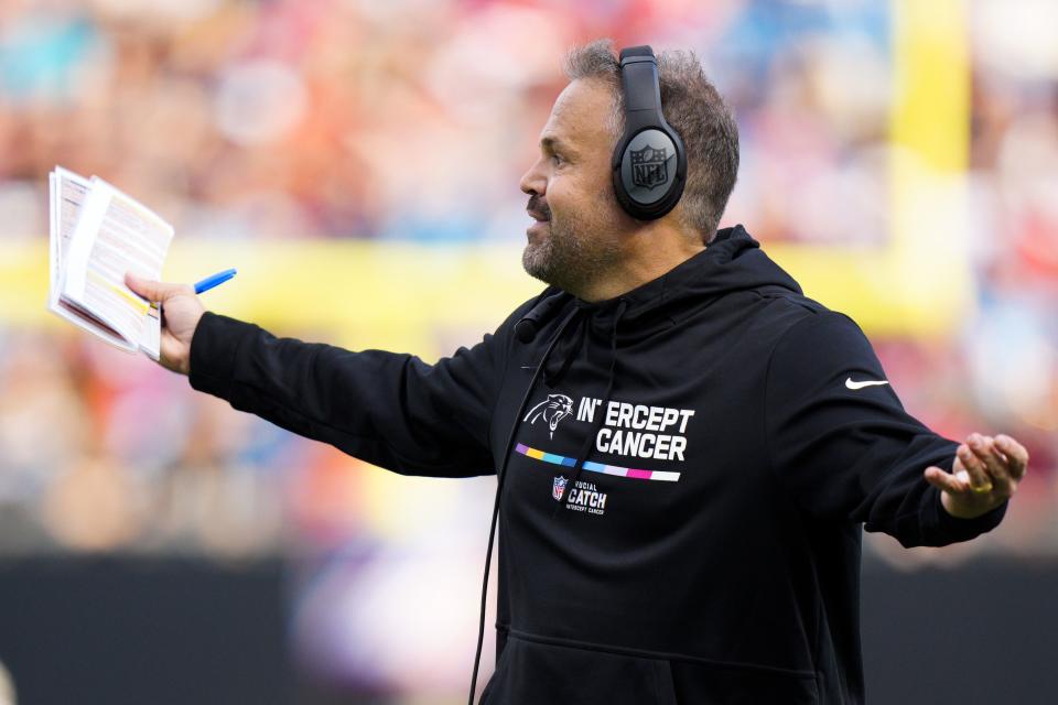 Carolina Panthers head coach Matt Rhule reacts during the first half an NFL football game against the San Francisco 49ers on Sunday, Oct. 9, 2022, in Charlotte, N.C. (AP Photo/Jacob Kupferman)