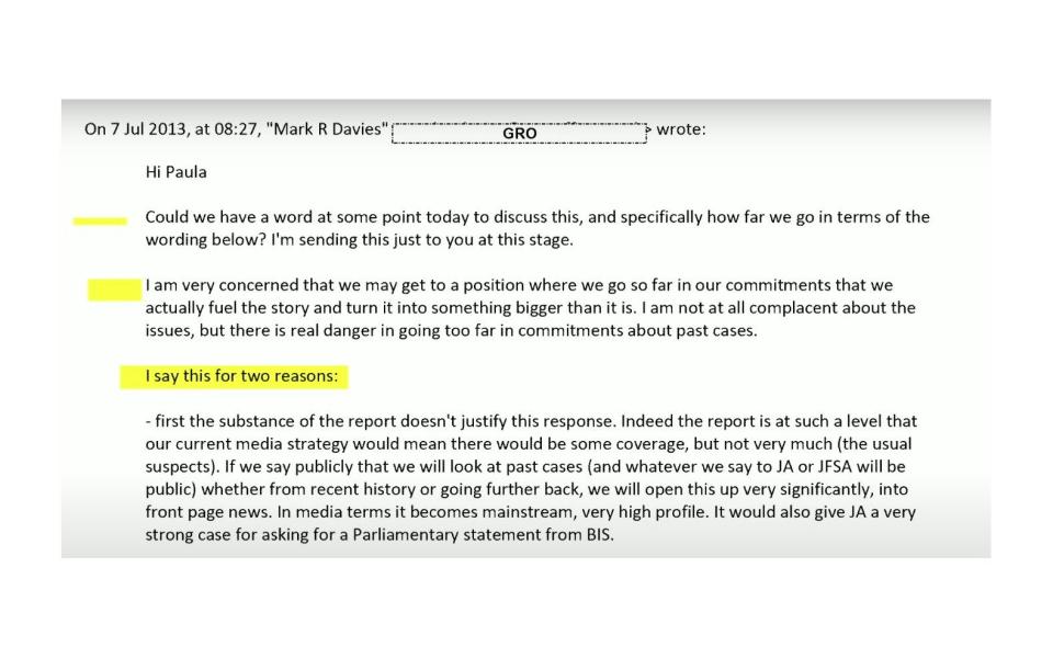 Former comms director Mark Davies emailed Vennells in 2013 recommending the Post Office should not review historical cases involving Horizon because it would be 'front page news'