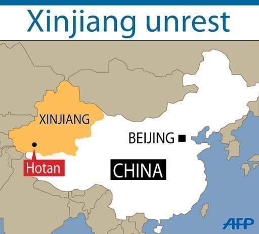 A map of China locating Hotan in the western province of Xinjiang. Twenty protesters from China's minority Uighur community were killed in a clash with police in the ethnically tense northwestern region of Xinjiang, a Uighur exile group said Tuesday