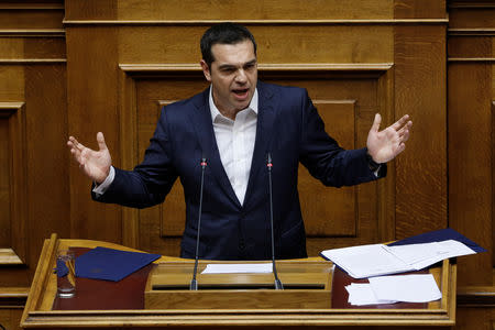 Greek Prime Minister Alexis Tsipras addresses lawmakers during a parliamentary sessio before a confidence vote in Athens, Greece, January 16, 2019. REUTERS/Alkis Konstantinidis