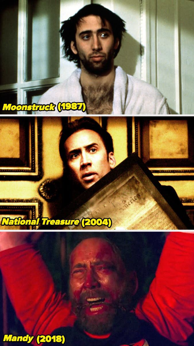 Stills of Nicolas Cage in "Moonstruck," "National Treasure," and "Mandy."
