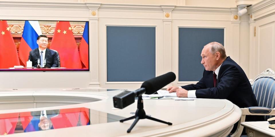 Russian President Vladimir Putin takes part in a video conference call with Chinese President Xi Jinping at the Kremlin in Moscow, Russia June 28, 2021.