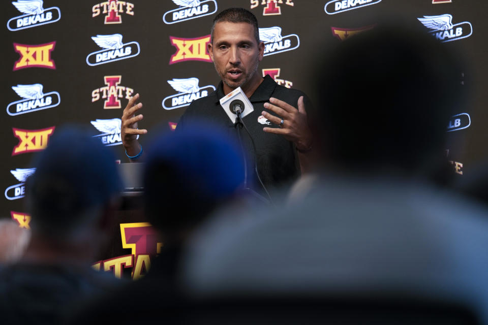 Iowa State head coach Matt Campbell speaks during an NCAA college football media day, Friday, Aug. 4, 2023, in Ames, Iowa. (AP Photo/Charlie Neibergall)