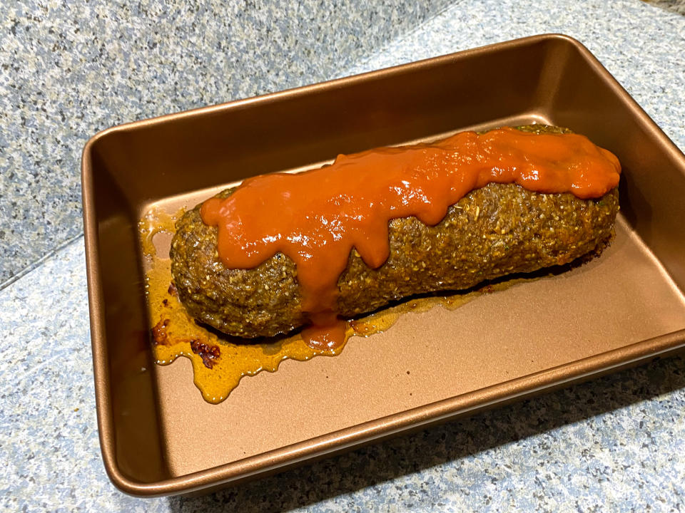 My beautiful meatloaf creation, topped with canned tomato soup. (Terri Peters)