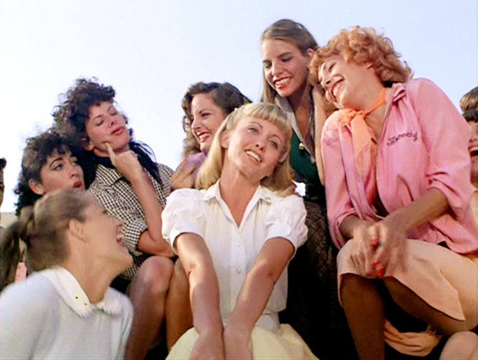 LOS ANGELES - JUNE 16: The movie "Grease", directed by Randal Kleiser. Seen here, girls perform the song "Summer Nights," led by Olivia Newton-John (front and center) as Sandy. Initial theatrical release of the film, June 16, 1978. Screen capture. Paramount Pictures. (Photo by CBS via Getty Images)