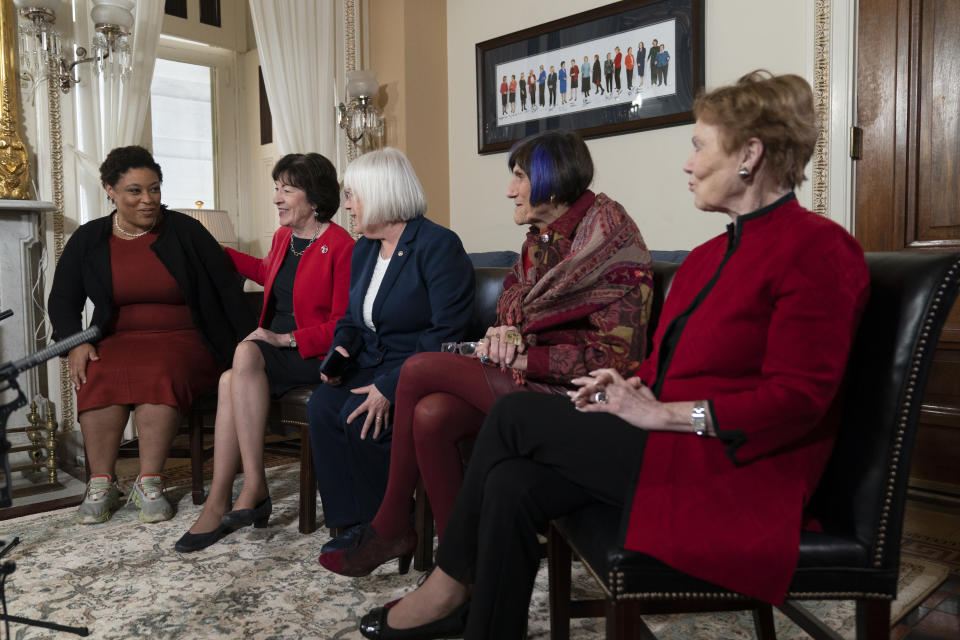 From left, Shalanda Young, the first Black woman to lead the Office of Management and Budget; Senate Appropriations Committee ranking member Sen. Susan Collins, R-Maine; Senate Appropriations Committee chair Sen. Patty Murray, D-Wash.; House Appropriations Committee ranking member Rep. Rosa DeLauro, D-Conn.; and House Appropriations chair Rep. Kay Granger, R-Texas, talk during an interview with The Associated Press at the Capitol in Washington, Thursday, Jan. 26, 2023. It's the first time in history that the four leaders of the two congressional spending committees are women. (AP Photo/Manuel Balce Ceneta)