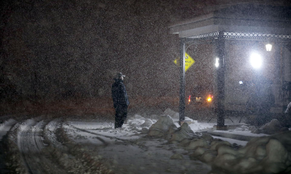 Meteorologist Jim Cantore and his crew broadcast live for The Weather Channel across from the Lenox Town Hall as the forecasted nor'easter hits the Berkshires early Tuesday morning. Tuesday, March 14, 2023. (Stephanie Zollshan/The Berkshire Eagle via AP)