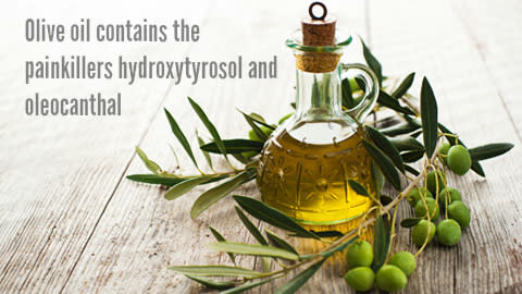 Olive oil This contains a slug of the painkillers hydroxytyrosol and oleocanthal. Researchers at the Monell Chemical Senses Center revealed this phenylethanoid combination had a significant ache-relieving effect.