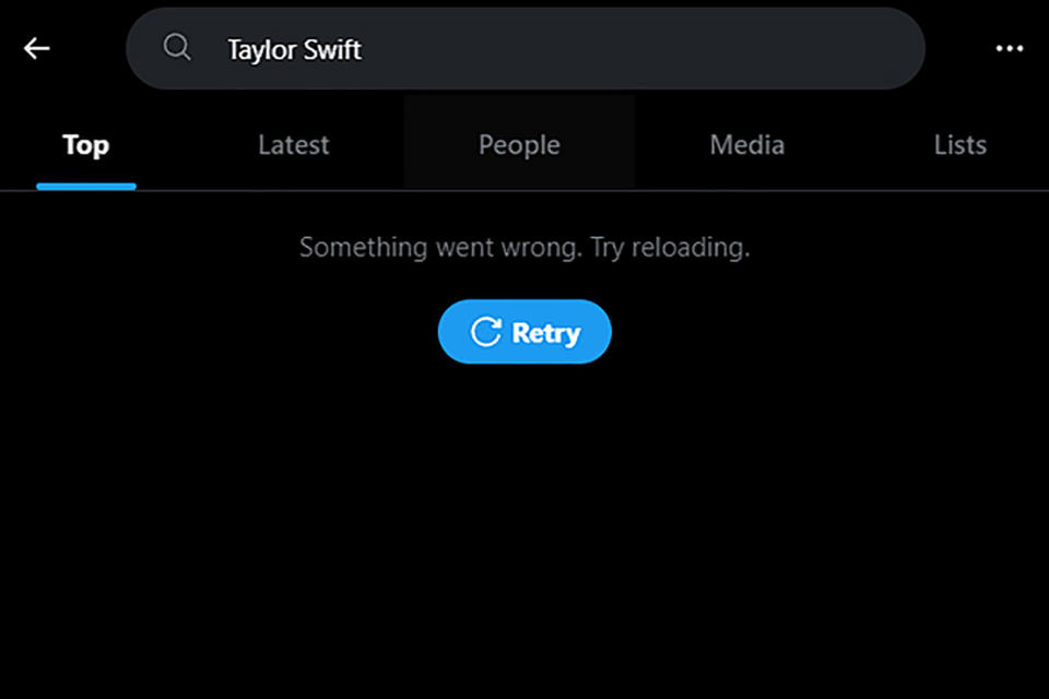 En esta captura de pantalla realizada el 29 de enero de 2024, una búsqueda de Taylor Swift arroja un error en la plataforma X. La red social X bloqueó algunas búsquedas de Taylor Swift, ante la proliferación de imágenes pornográficas falsas de la cantante. (Foto AP)