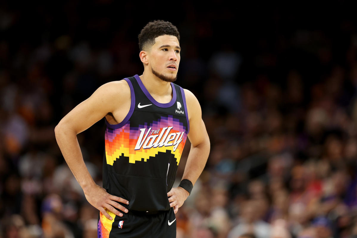 The jersey of Devin Booker of the Phoenix Suns during the game