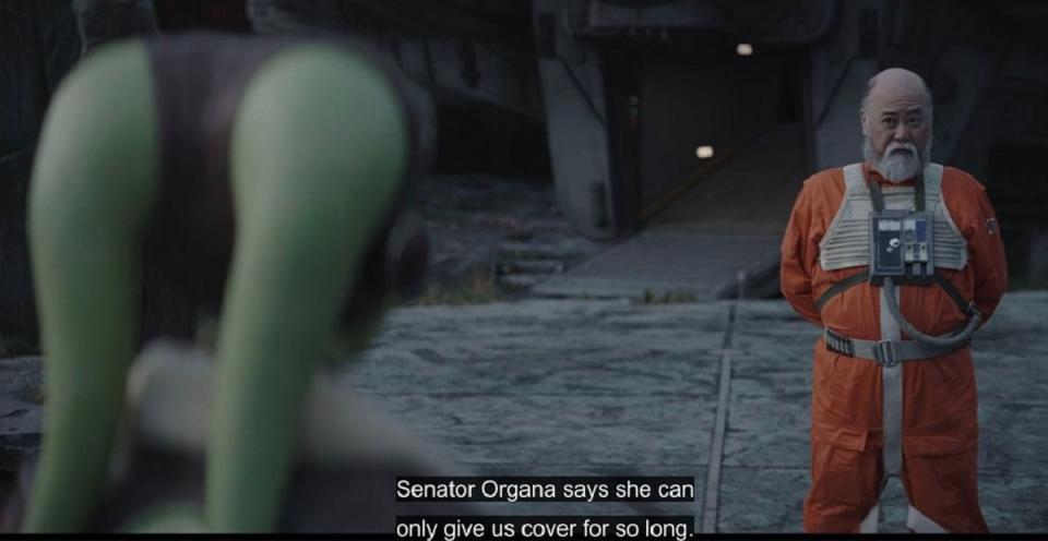 Carson Teva (Paul Sun-Hyung Lee) informs Hera (Mary Elizabeth Winstead) of Leia Organa's help in their cause on Ahsoka.