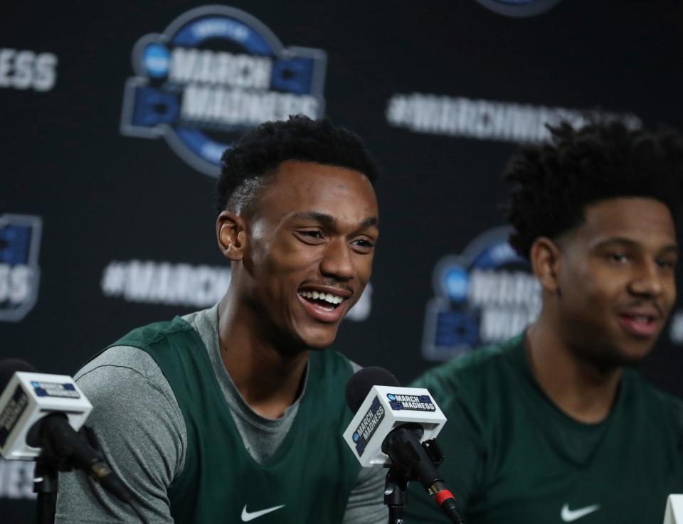 Michigan State guard Tyson Walker talks with reporters on Wednesday, March 22, 2023, in preparation of the East Regional semifinal against Kansas State in the NCAA tournament.