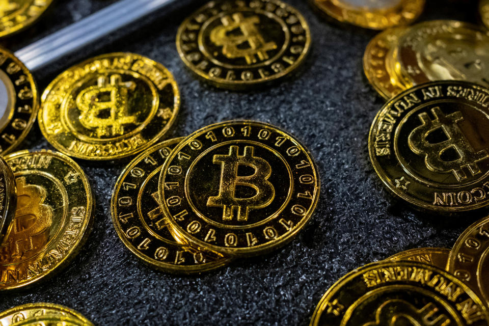 Bitcoin coins are seen at a stand during the Bitcoin Conference 2023, in Miami Beach, Florida, U.S., May 19, 2023. REUTERS/Marco Bello