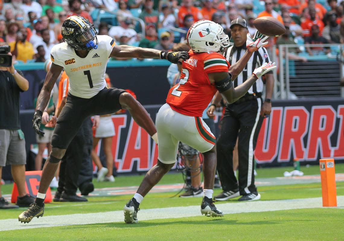 Miami Hurricanes cornerback Tyrique Stevenson (2) intercepts the ball in the end zone intended for Southern Miss Golden Eagles wide receiver Jason Brownlee (1) in the third quarter at Hard Rock Stadium in Miami Gardens on Saturday, September 10, 2022.